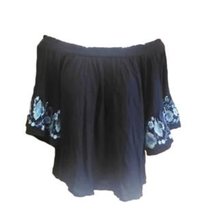 2/25 Hollister Navy Off the Shoulder Crop Top Embroidered Bell Sleeve Sz. M Boho